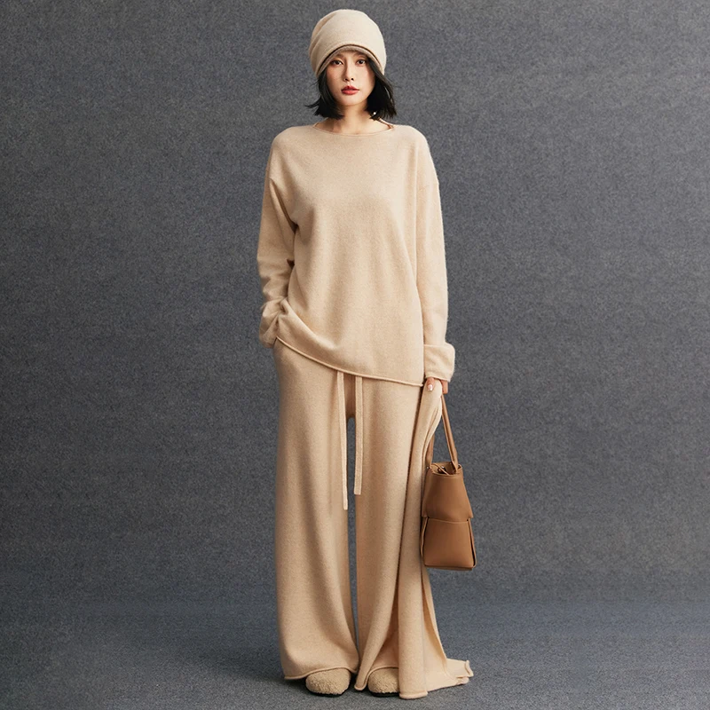 

Women's matching set 100% pure cashmere round neck pullover sweater casual solid color knitted loose wide leg pants 2-piece set