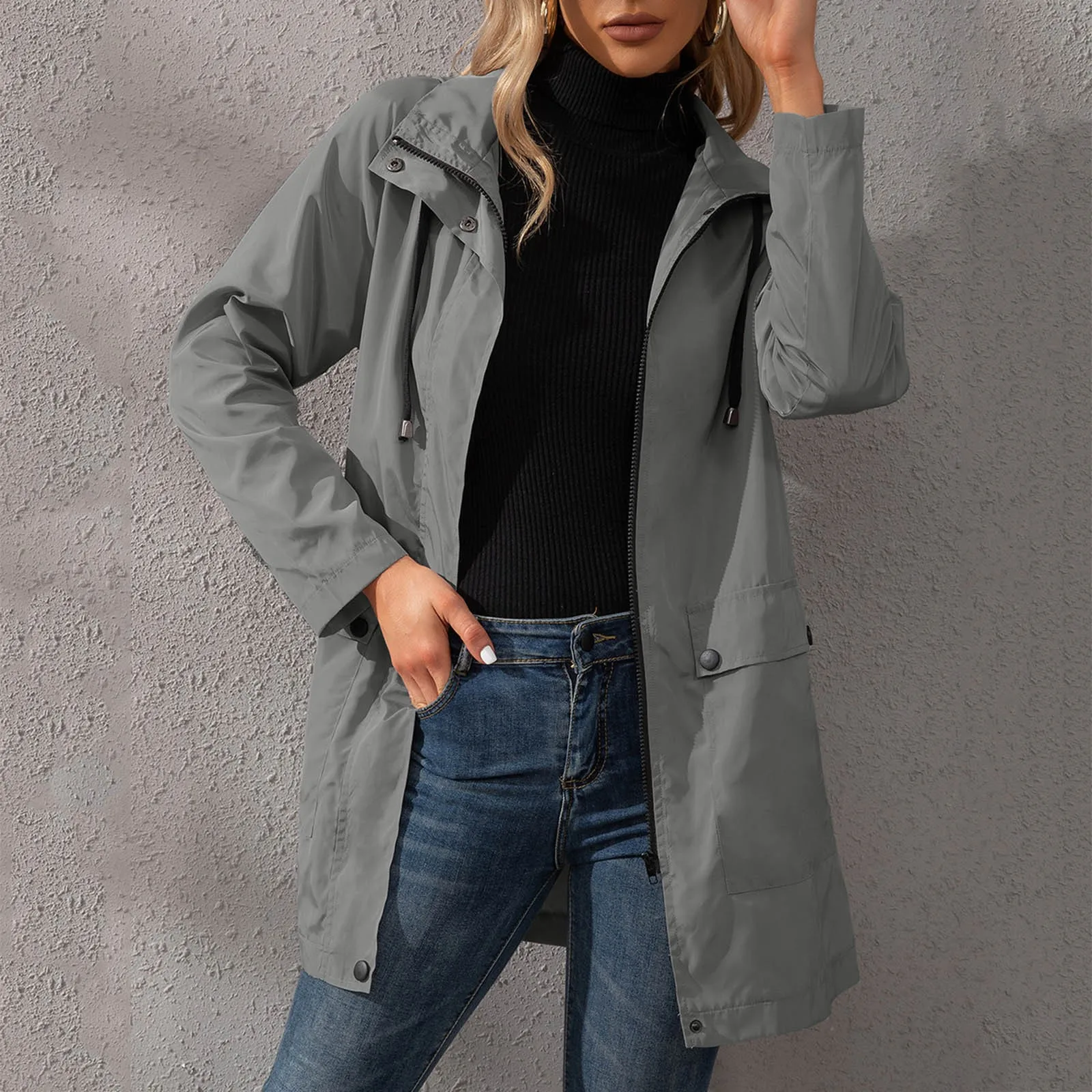 

Ladies Outdoor Windproof Fashionable Loose Rain Jacket Solid Color Lightweight Hooded Zipper Long Windbreaker With Pockets