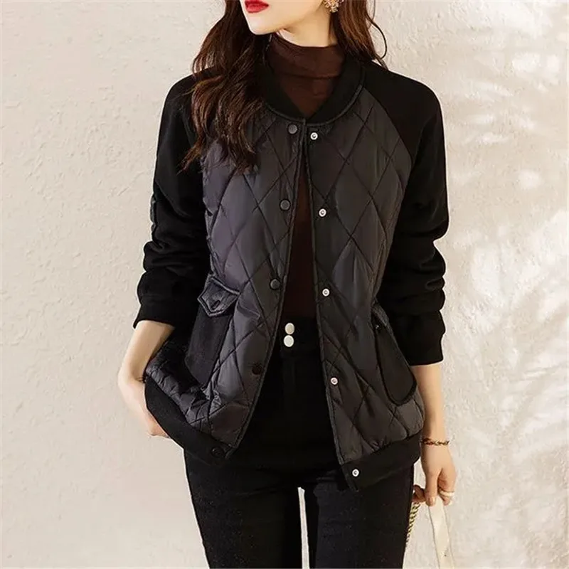 Lightweight Lingge Fashion Cotton Coat Women Spring Autumn Winter Jacket Splicing Casual Loose Versatile Ladies Outerwear