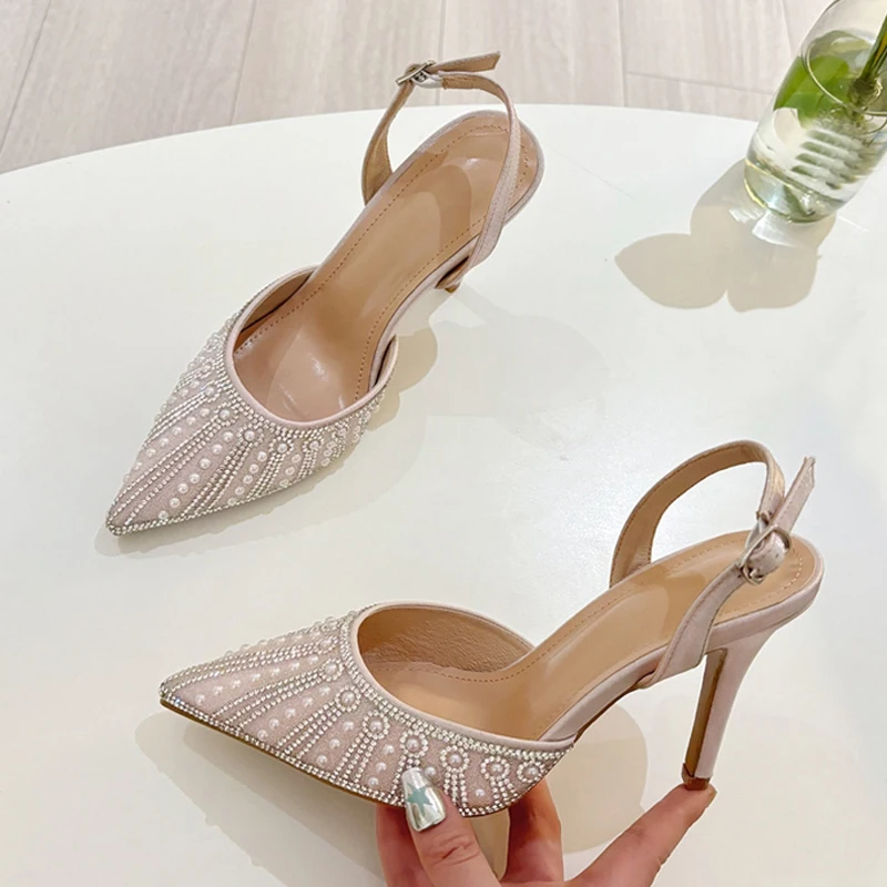 Liyke Fashion Design Crystal Pearl Pointed Toe Slingback Heels Elegant Wedding Party Shoes Fashion Back Buckle Strap Women Pumps