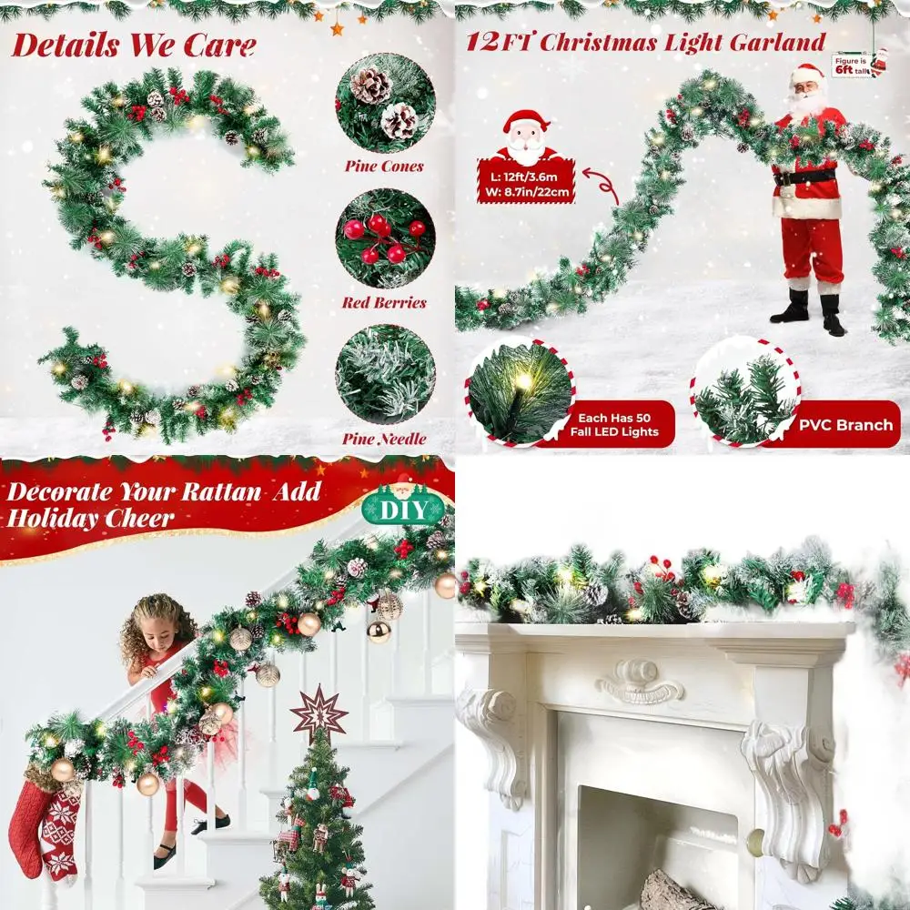 

65-Light Artificial Christmas Garland, 12FT Green with Red Berries, Cones, and Pine Needles for Indoor Staircase and Fireplace D