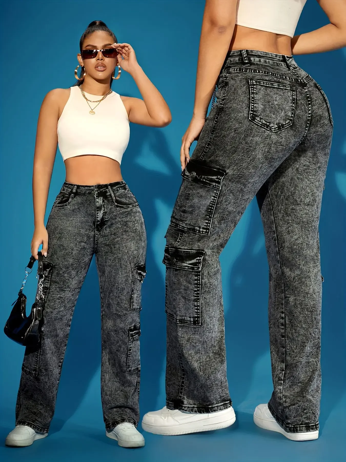 Y2K Baggy-Cargohose mit hoher Taille für Damen, Stretch-Denim-Hose mit mehreren Taschen, lässige Vintage-Streetwear