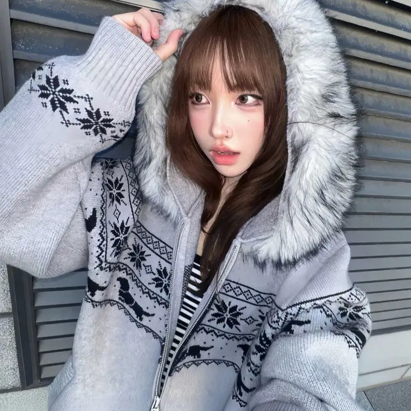 

Новинка 2025 года, вязаный свитер, куртка, женская осенне-зимняя куртка с меховым воротником, кардиган на молнии с капюшоном, пальто, повседневный пуловер, Harajuku Y2K, уличная одежда