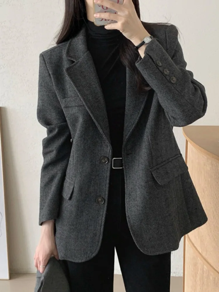 

Chic Autumn Winter Vintage High-End Single-Button Tweed Suit Jaet Women's Faionable Casual Long Sve Color Coat