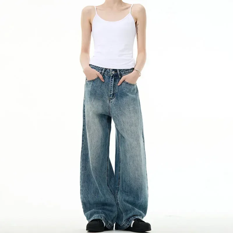 

Men Wide Leg Pant Long Jeans Denim Pants Casual Loose Regular Splice Simple Pocket High Waist Autumn Straight Trousers
