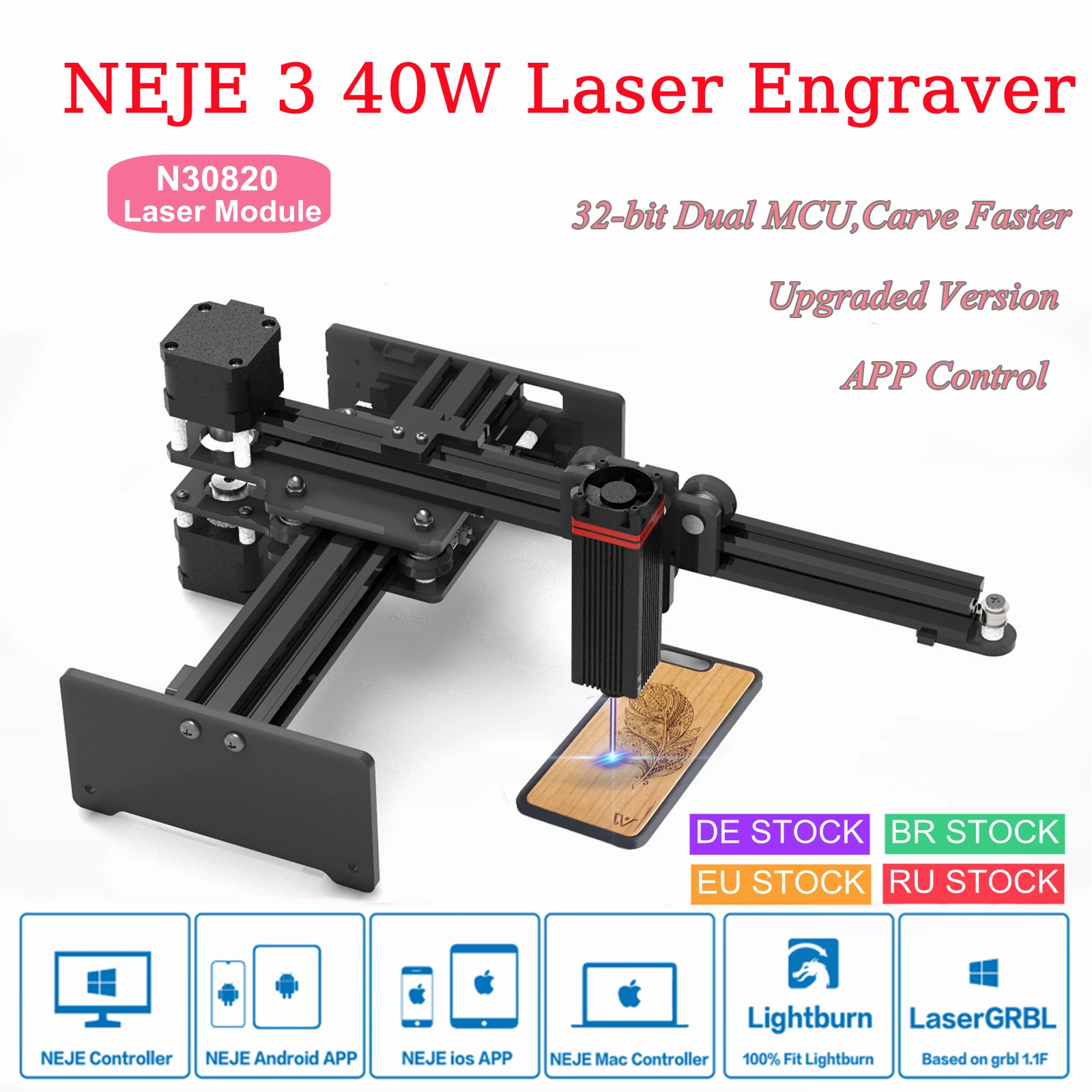 NEJE 3 40W N30820 Desktop CNC Laser Engraver Cutter Wood Cutting Craving Machine Printer Router App-Bluetooth Lightburn