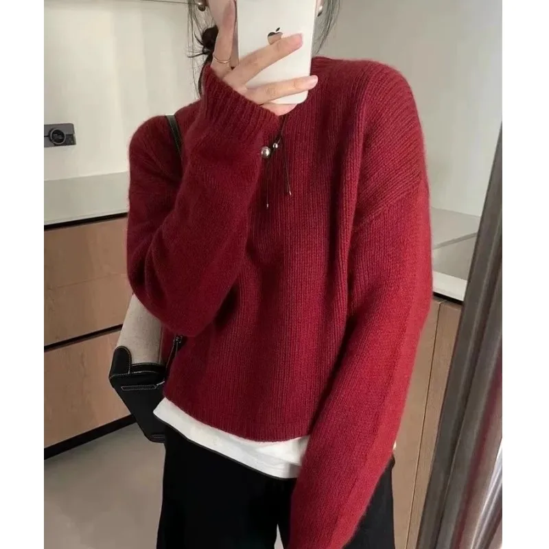 

Модный женский вязаный свитер из чистого кашемира с круглым вырезом 100, свободный пуловер, осенне-зимний шерстяной базовый слой