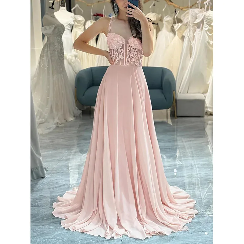 

Chiffon Prom Dresses Long 2024 Appliqued Corset Spaghetti Straps Bridesmaid Dress for Women Manmuxi