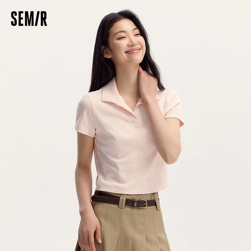 Senma POLO Shirt Women 2024 summer New Arrival short solid color versatile top Slim knitted polo shirt Female