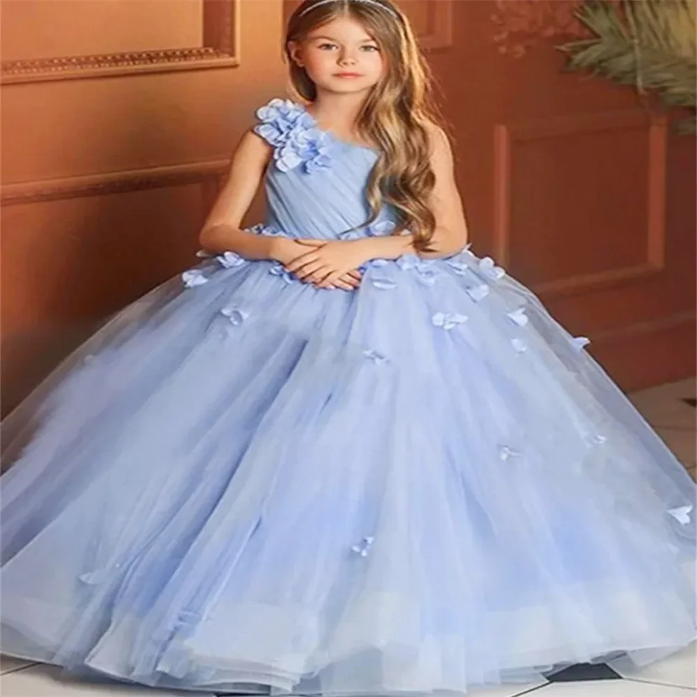 

Sky Blue Puffy One Shoulder Flower Girl Dresses With Flower Fit Princess Wedding Party First Communion Fashion Show Gowns