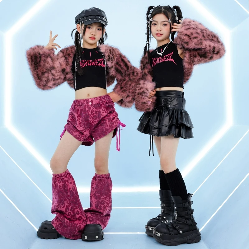 

Kpop Одежда в стиле хип-хоп для девочек, модные топы с леопардовым мехом, костюм для пупка, костюм для джазового болельщика, танцевальный костюм для подиума BL18292