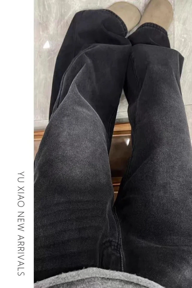 جينز نسائي Y2k بنطلون جينز متوهج أسود رمادي مستقيم الساق شتاء دافئ مبطن بالصوف فضفاض مناسب عالي الخصر واسع الساق موضة