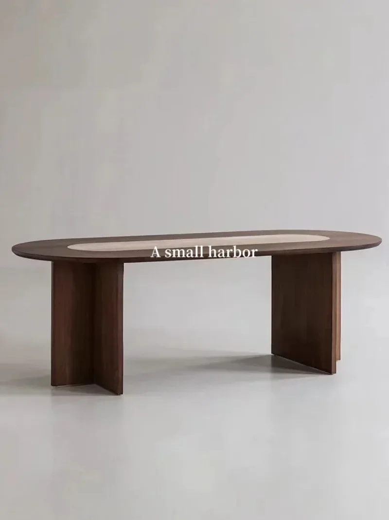 A Wind tunnel stone slate dining table French retro solid wood medium ancient ash wood oval dining table and chairs