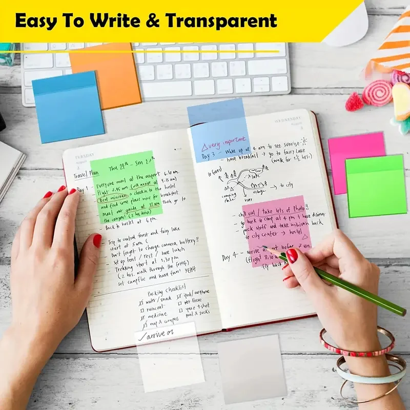 PET Transparent Sticky Note Pads, Multicolor Waterproof Memo Notes, 50 Sheets Self-adhesive Sticky Note for School Office Family