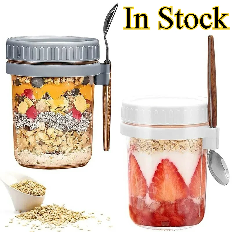300ML Overnight Oats Cup with Spoon and Lid Fruit Salad Food Storage Container Leakproof Portable Breakfast Glass Bento Box