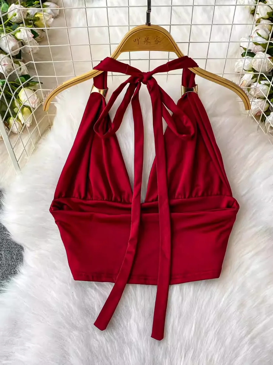 Foamlina mode haute rue Sexy dos nu col en V haut à licou femmes été Niche concepteur cravate coupe ajustée recadrée Blouse gilet