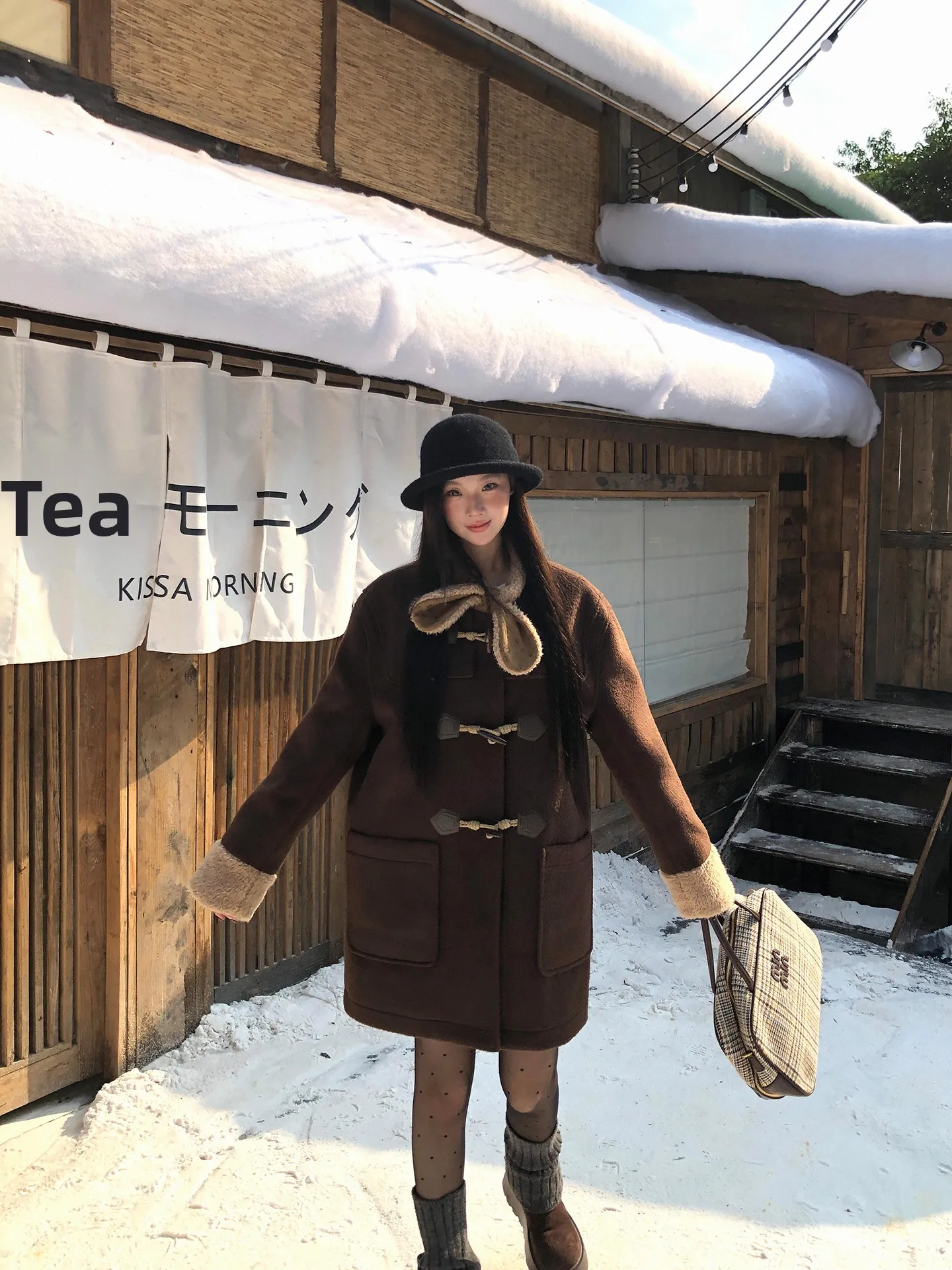 معطف نسائي صوفي بنمط G، بني مبطن بالقطن، متوسط الطول، ملابس خارجية مخططة للربيع والخريف والشتاء، بأكمام طويلة وأزرار