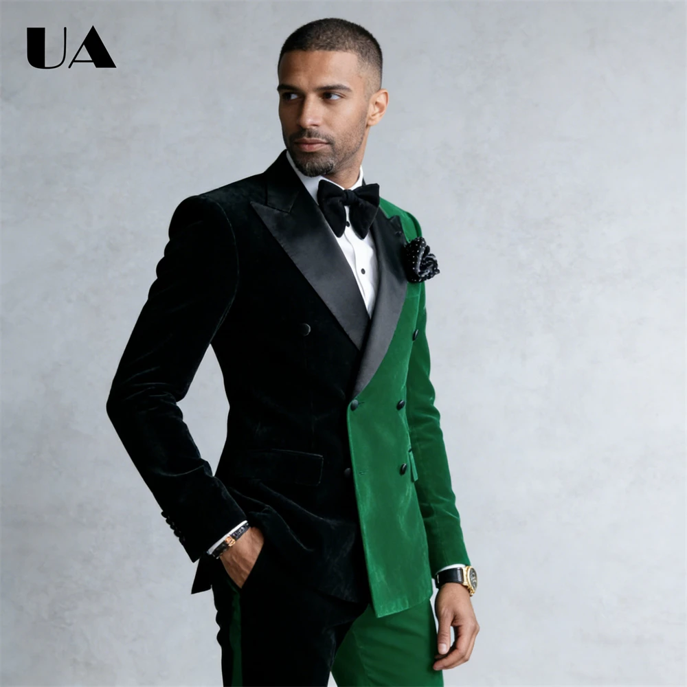 Velvet Patchwork Suit Attire for Men from XXS to 7XL, Customized Men's Formal Suit Set, Business Prom Dinner Tuxedo Outfit