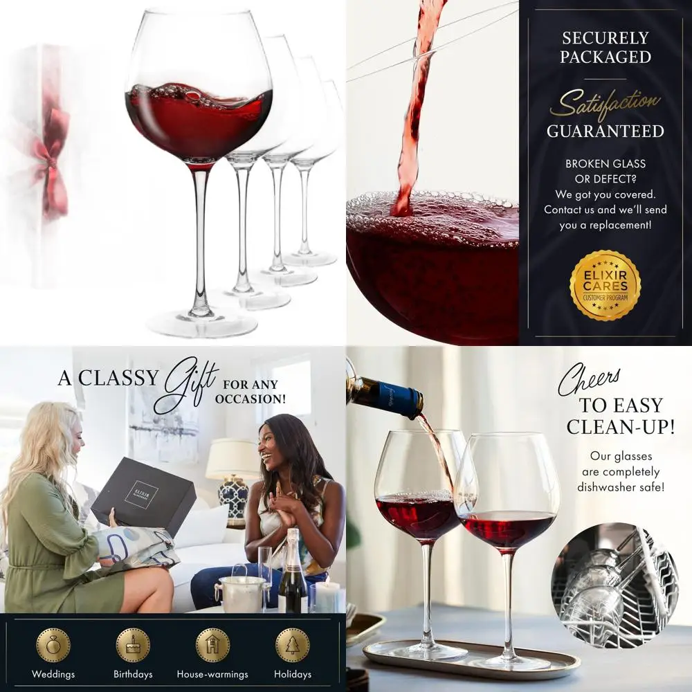 

Set of 4 Extra Large Hand Blown Crystal Red Wine Glasses - 22 oz Clear Stemware for Special Occasions