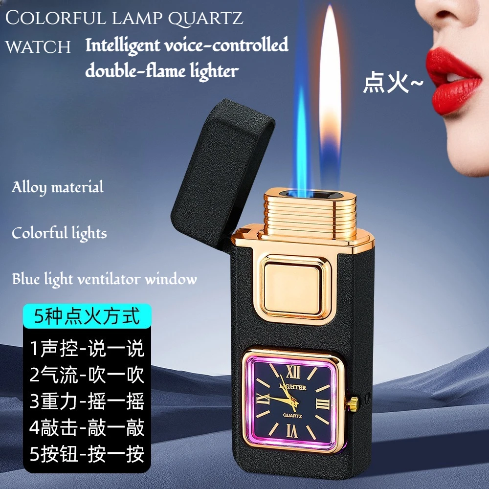 High-tech Voice-controlled Dual-flame Lighter Real Quartz Dial Inflatable Flame Direct Jet Flame From The Lighter Premium Gift.