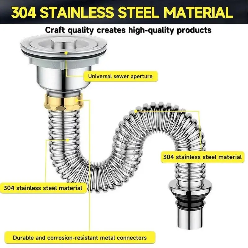 【BA】Kitchen Sink Drain Pipe Stainless Steel Drain Pipe With S-Shape Design To Prevent Backflow And Odors