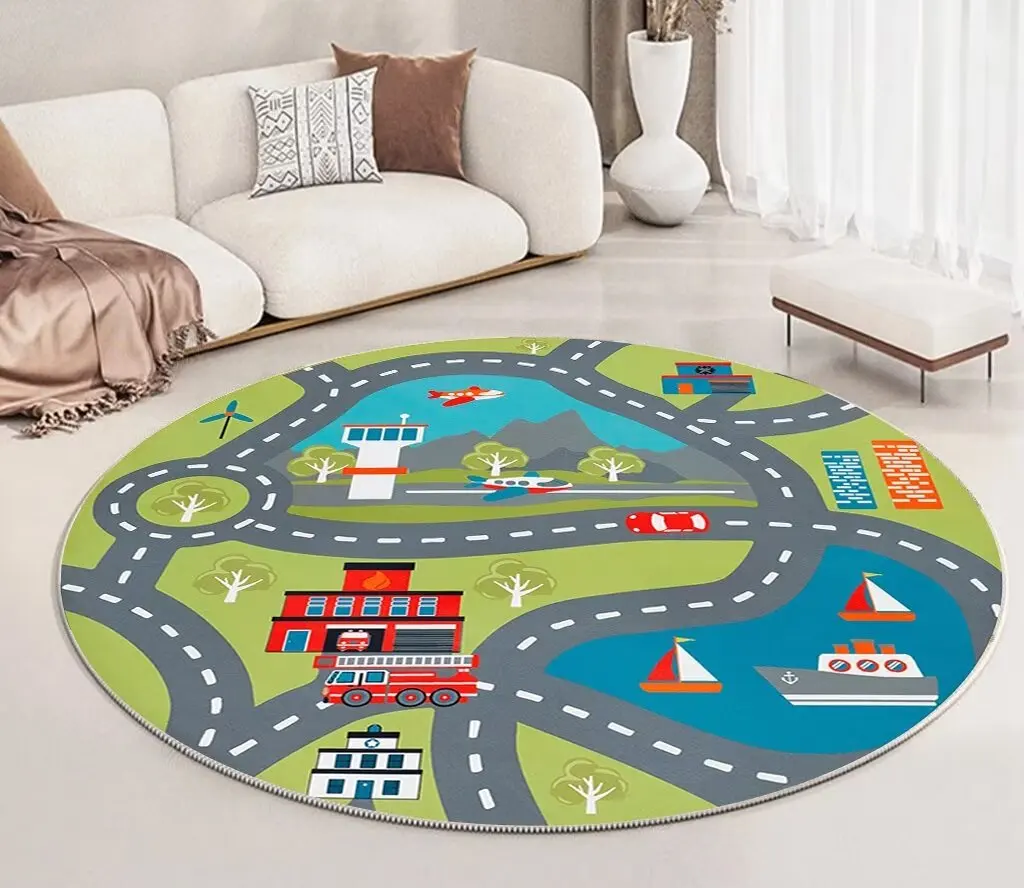 Traffic Road Round Carpet Children\'s Room Decoration Rugs Nursery Baby Crawl Game Non-slip Floor Mat Kids Bedroom Customizable