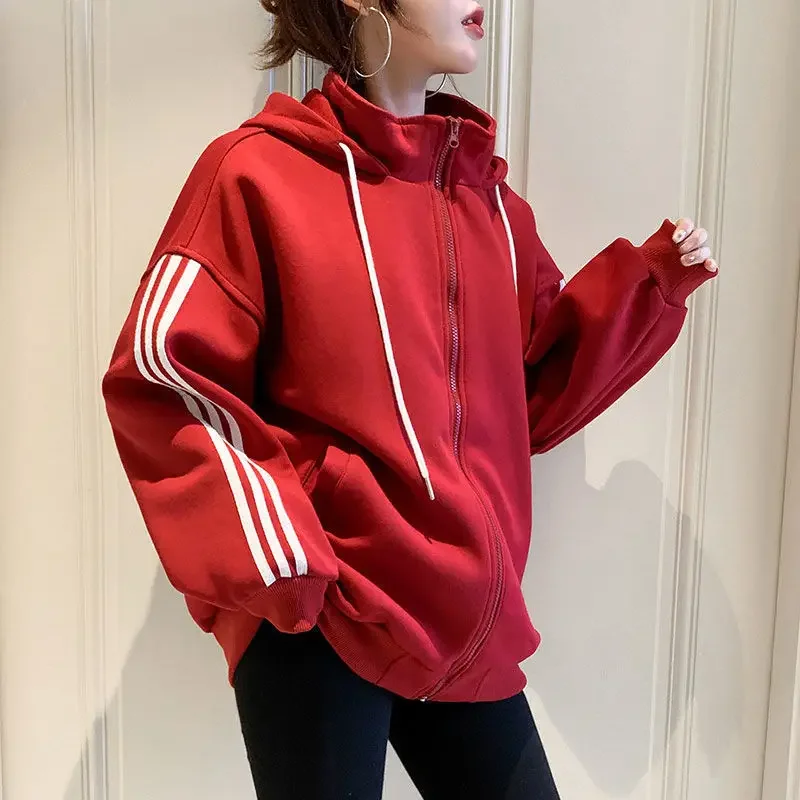 Women's Hooded Sport Sweatshirt 200kg Fleece-lined Thickened Autumn/winter Korean Style Loose-fit Jacket Trendy