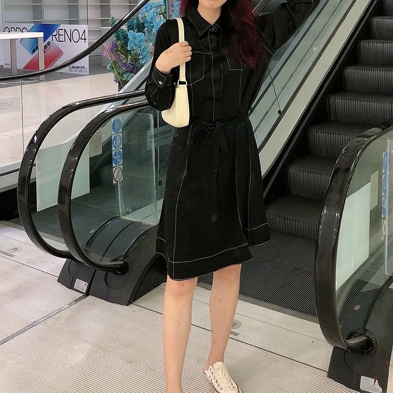 

Silk Smooth irt Dr Slimming Bla mid Waist A-Line Skirt Long Sve Office Wear Spring 2025 Luxury Sle