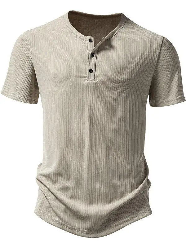 Summer Men's Loose Fit Short Sleeve T-Shirt Three Button Design  Color Base Layer Shirt Casual Fashion Urban Style