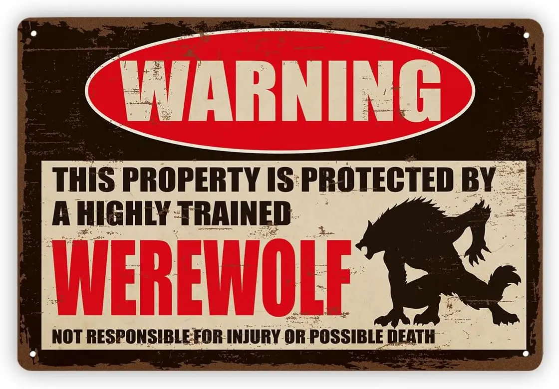 Retro Metal Tin Sign Werewolf Warning Decor, Vintage Horror Wall Plaque Rustic Garage Bar Room Art, Novelty Theme, Patio Indoor