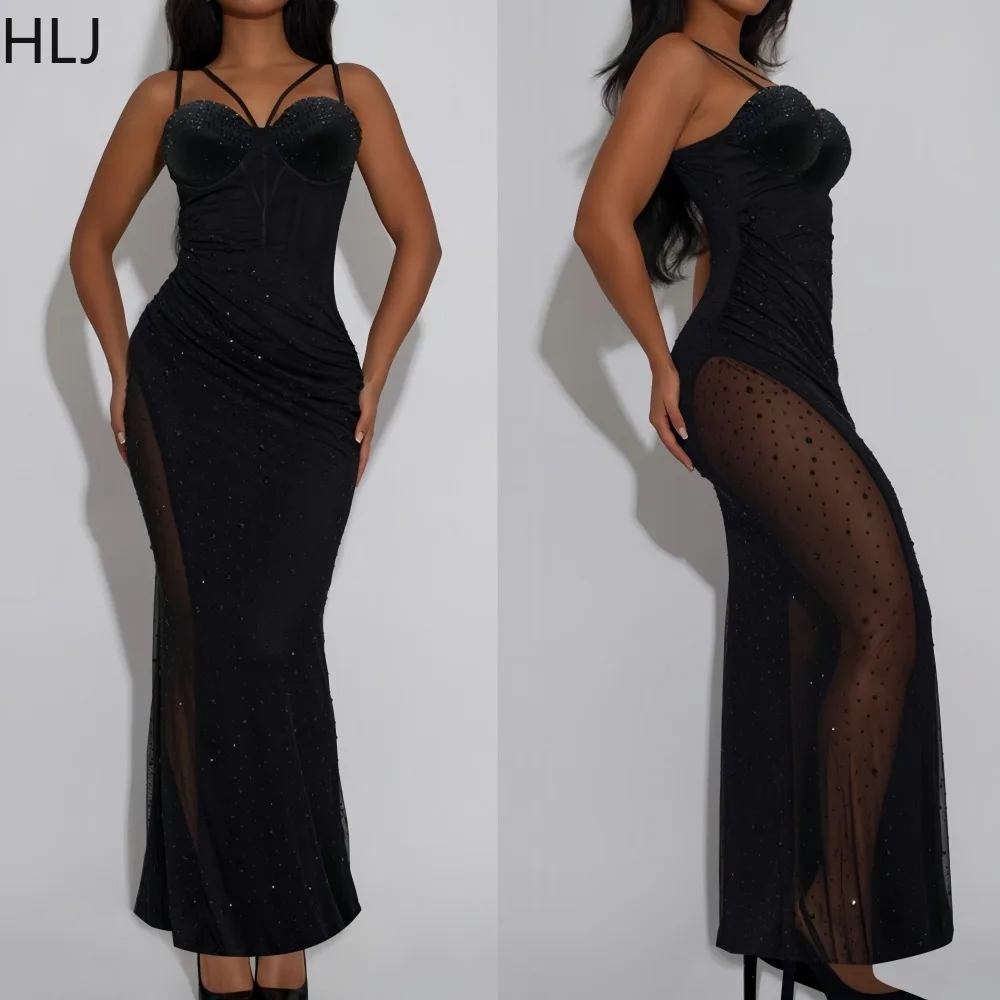 

HLJ Sexy Rhinestone Patchwork Bodycon Dresses for Woman Spaghetti Strap Sleeveless Backless Dress Female Party Clubwear Vestidos