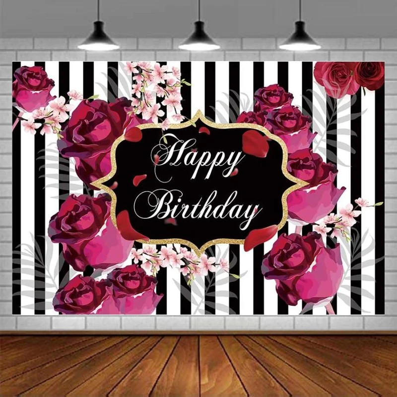 Floral Happy Birthday Party Photography Backdrop Roses Flowers Black And White Stripes Girl Background Sweet 16 Cake Table Decor