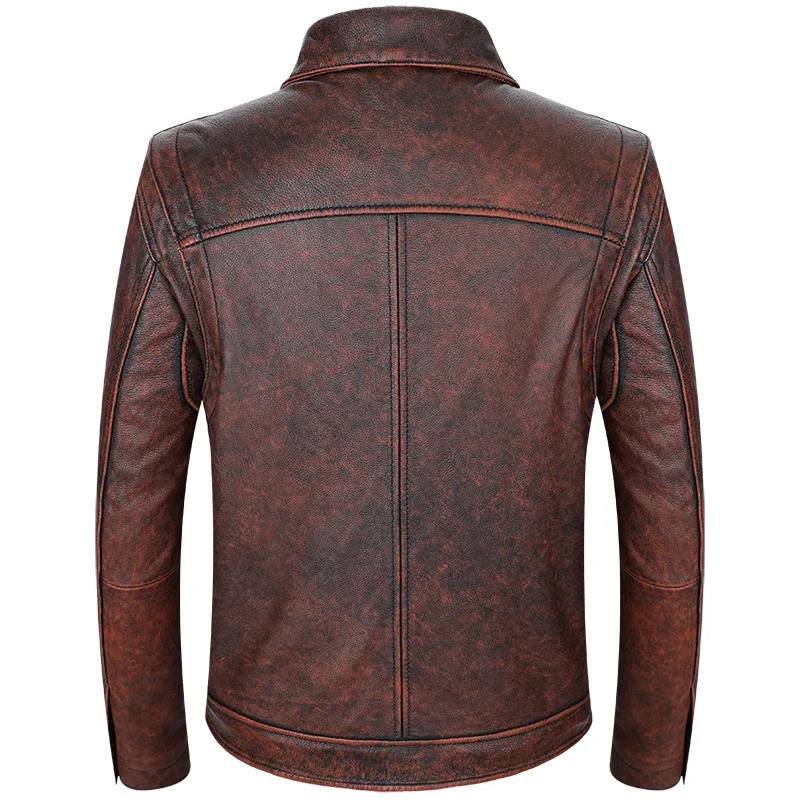 Vintage Brown Genuine Leather Jacket Men Classic Biker Style Short Slim Natural Cowhide High Quality Male Coat 5XL