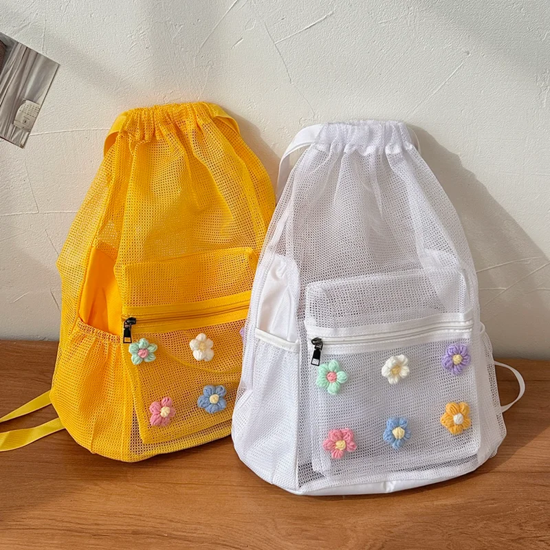 Mesh Drawstring Backpack Cute Colorful 3d Flower Decor Lightweight Large Capacity Student Rucksack Casual Trendy Zipper Backpack