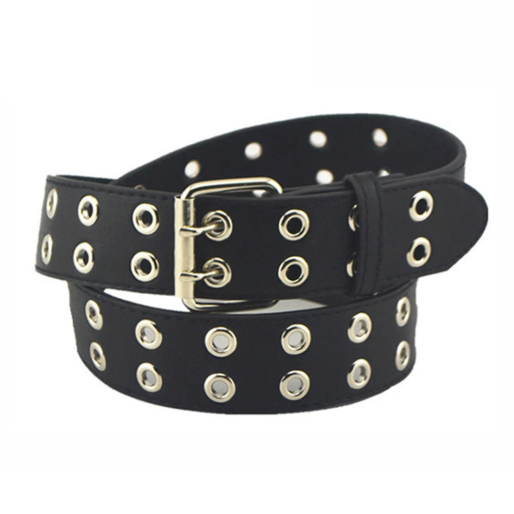 Ladies And Men'S Black Belt Punk Nail Riveted Artificial Leather Waist Double Hole Hip Hop Street Punk Riveted Jeans Belt