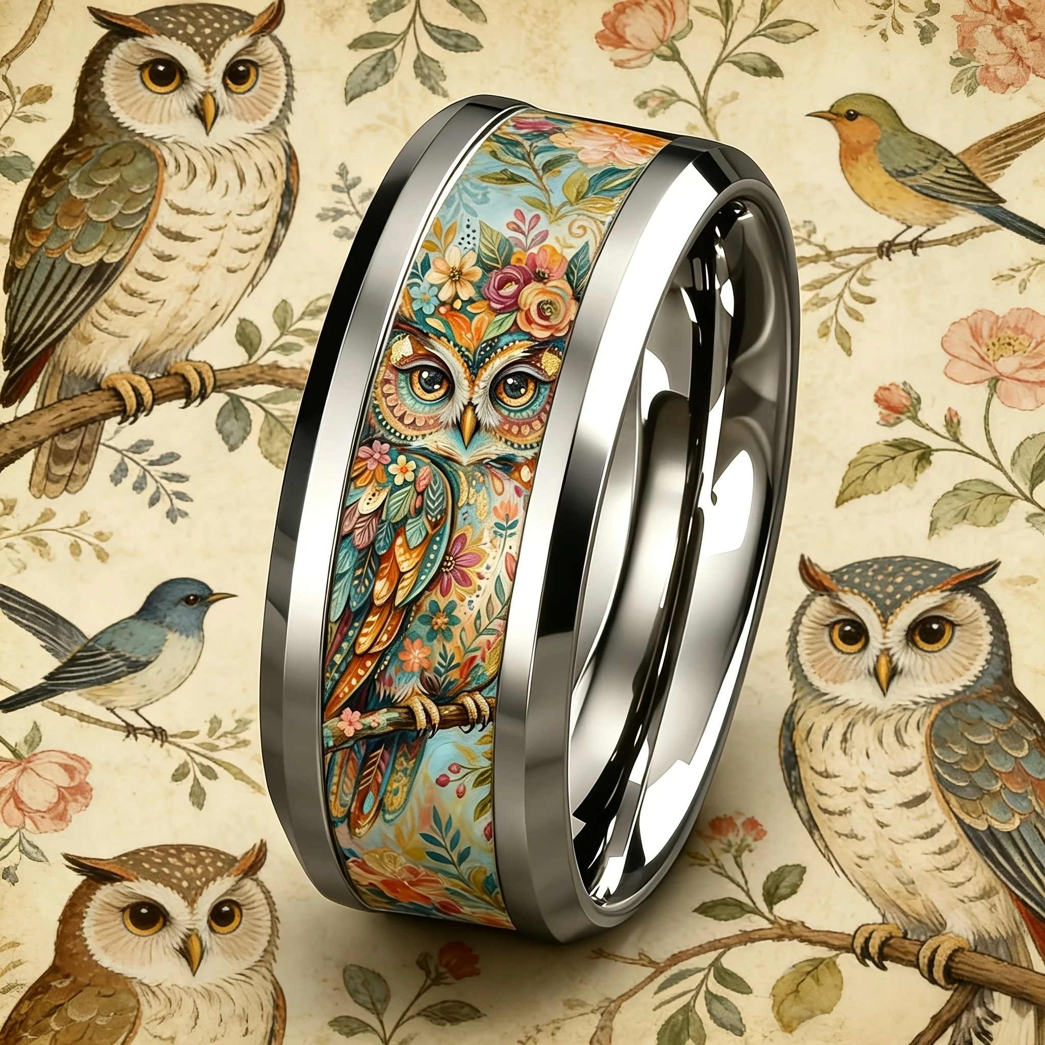 Vintage Artistic Owl Stainless Steel Ring Bohemia Floral Owl Print Inlay Rings For Women Wedding Party Jewelry Mother's Day Gift
