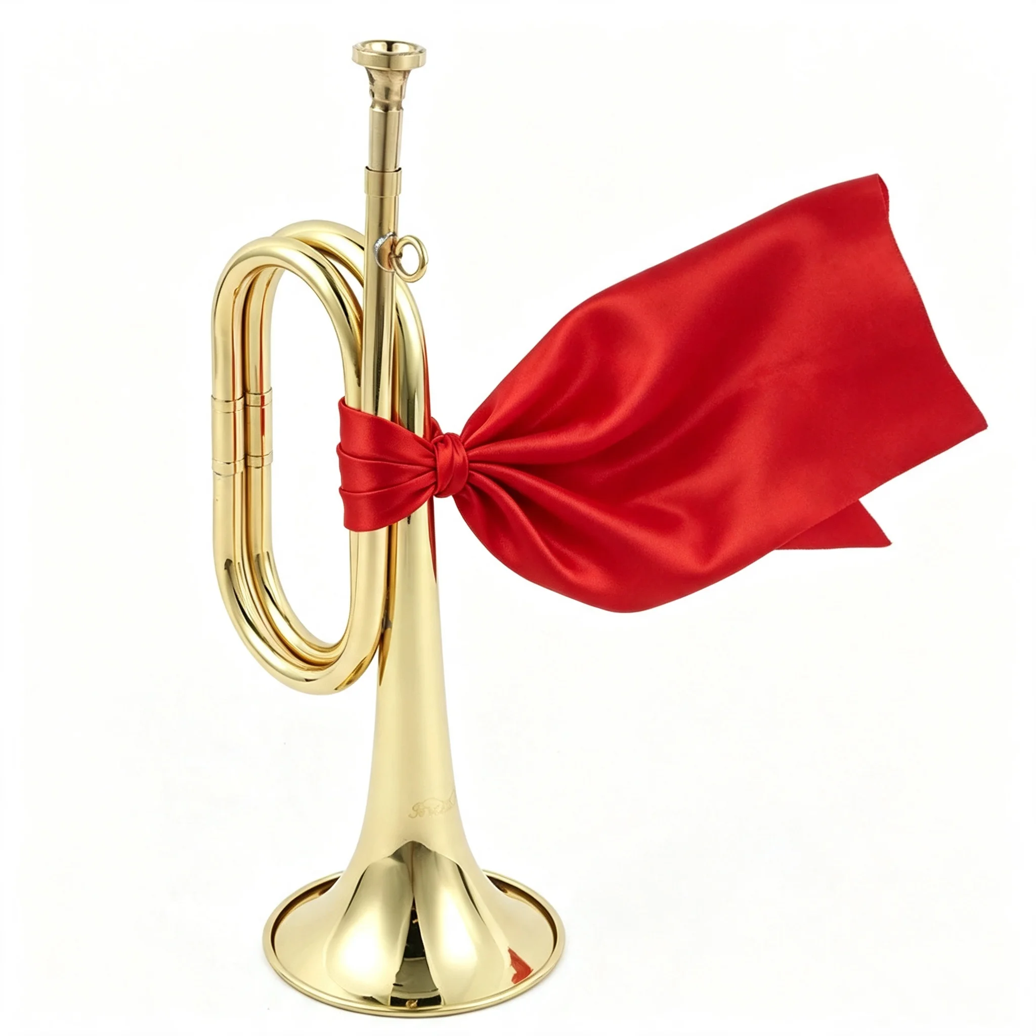 Gold Plated Brass Cavalry Bugle with Red Silk Flag Military Signal Horn for Student Band Scout Training Performance