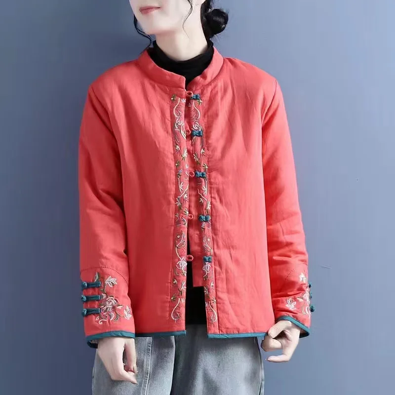 Chinese Style Literature Art Retro Buckle Embroidery Cotton-Padded Jacket Women's Autumn Winter Cotton Coat Cardigan Female