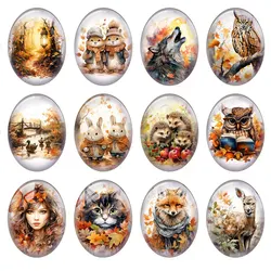 10pcs/lot Autumn Fall Thanksgiving Oval Photo Glass Cabochon Flatback Charms Demo Flat Back Cameo For Diy Jewelry Making