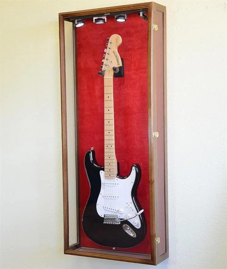 

Clear Viewing Guitar Display Case Fender Acoustic Electric Cabinet Rack Holder (Walnut Finish, Red Background)