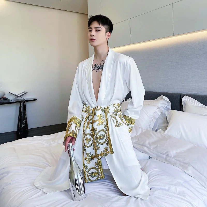 Men Silk Palace Trench Design Oversize Leisure Sexy Long Coat Sash Stylish Outwear Hombre Charming Loose Court Luxury Loungwear