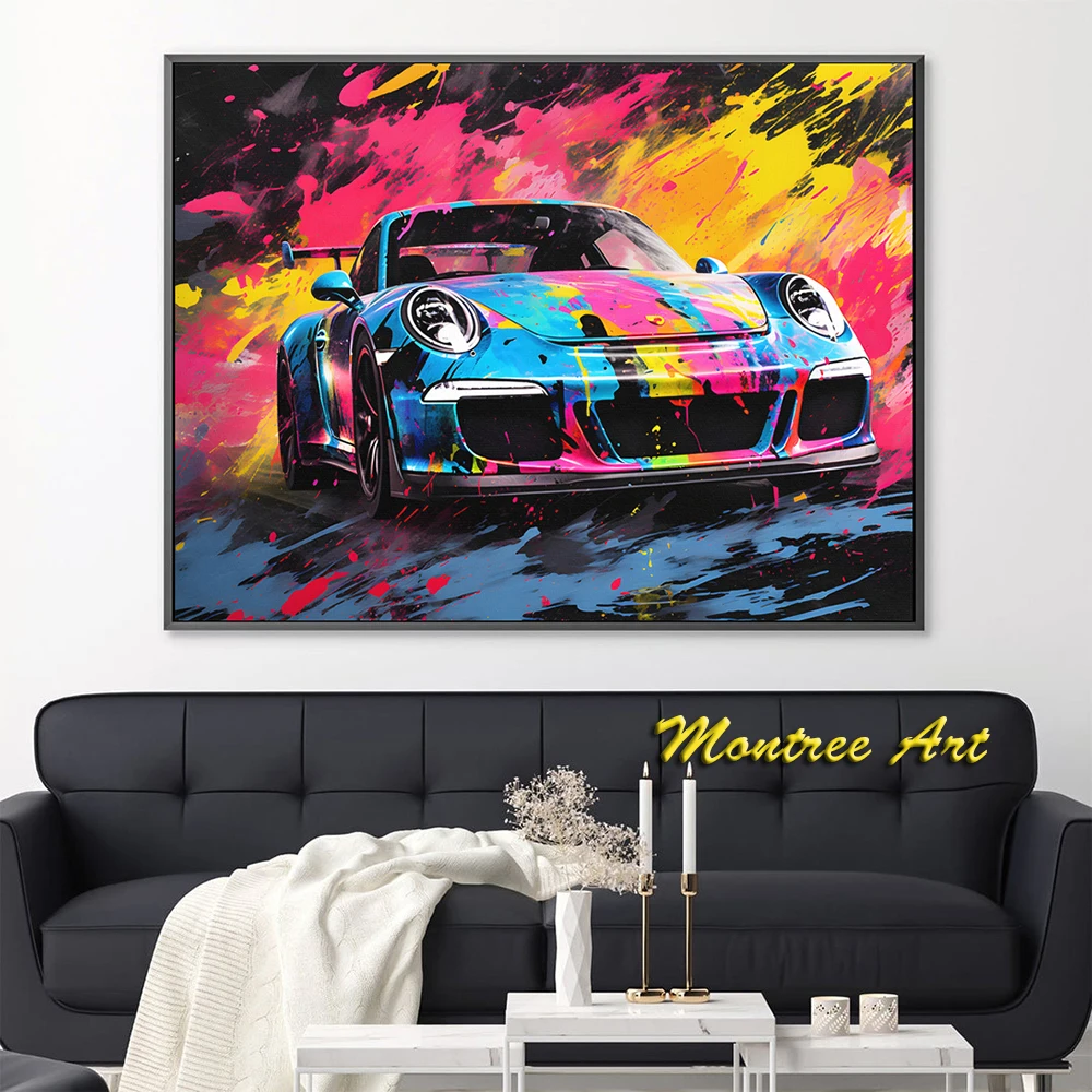 Hand Painted Oil Painting Sports Car High Performance Luxury Racing Car Abstract Painting Wall Art Home Office Room Decor