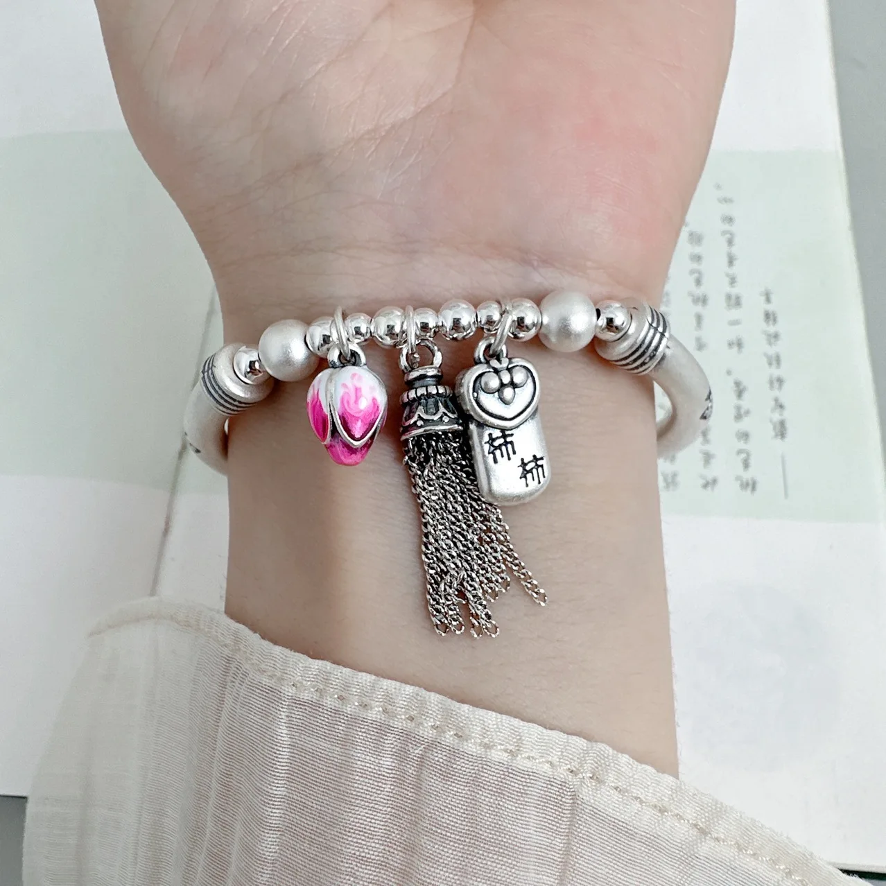 999 Silver Fox Lotus Tassel Charms Bracelets for Women Girls Original Handmade Silver Beaded Hand Jewelry Gifts Wholesale SL111