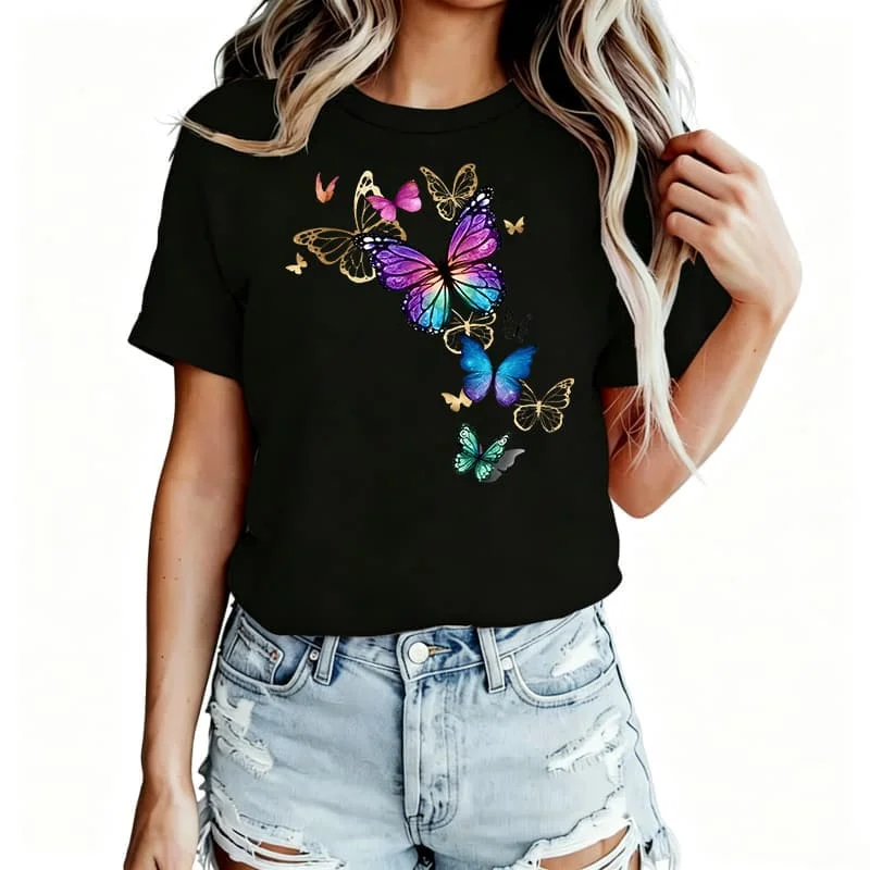 Colorful Butterfly Heat Transfer Vinyl Decals Women's T-Shirt 100% Cotton Funny Graphic Short Sleeve Tee Novelty Shirt Casual Crew Neck Top S-5Xl