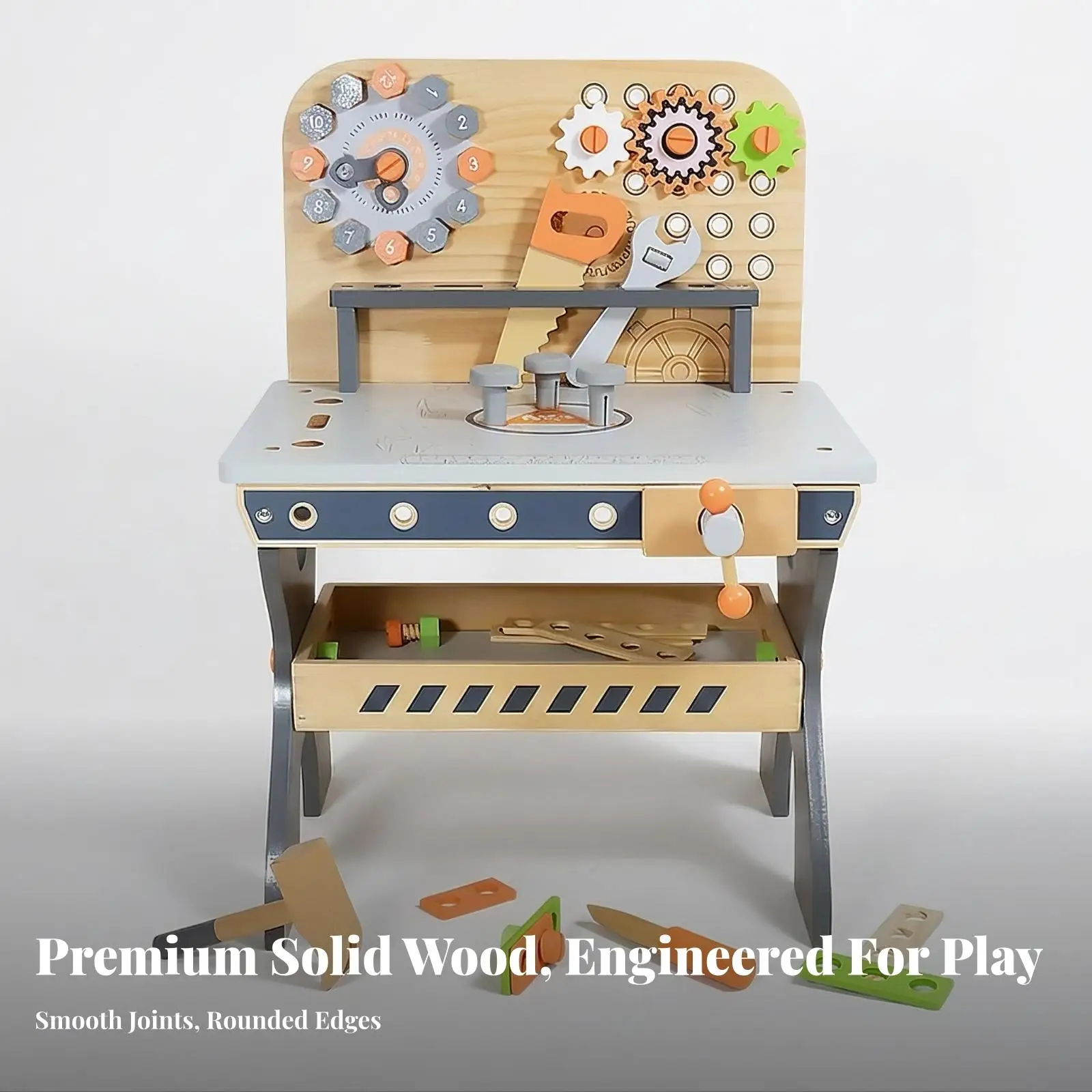 Imaginative Role-Play Toy Workbench With | Fine-Motor Skill Development, Interactive Moving Parts, Wooden Tool Bench with Tools,
