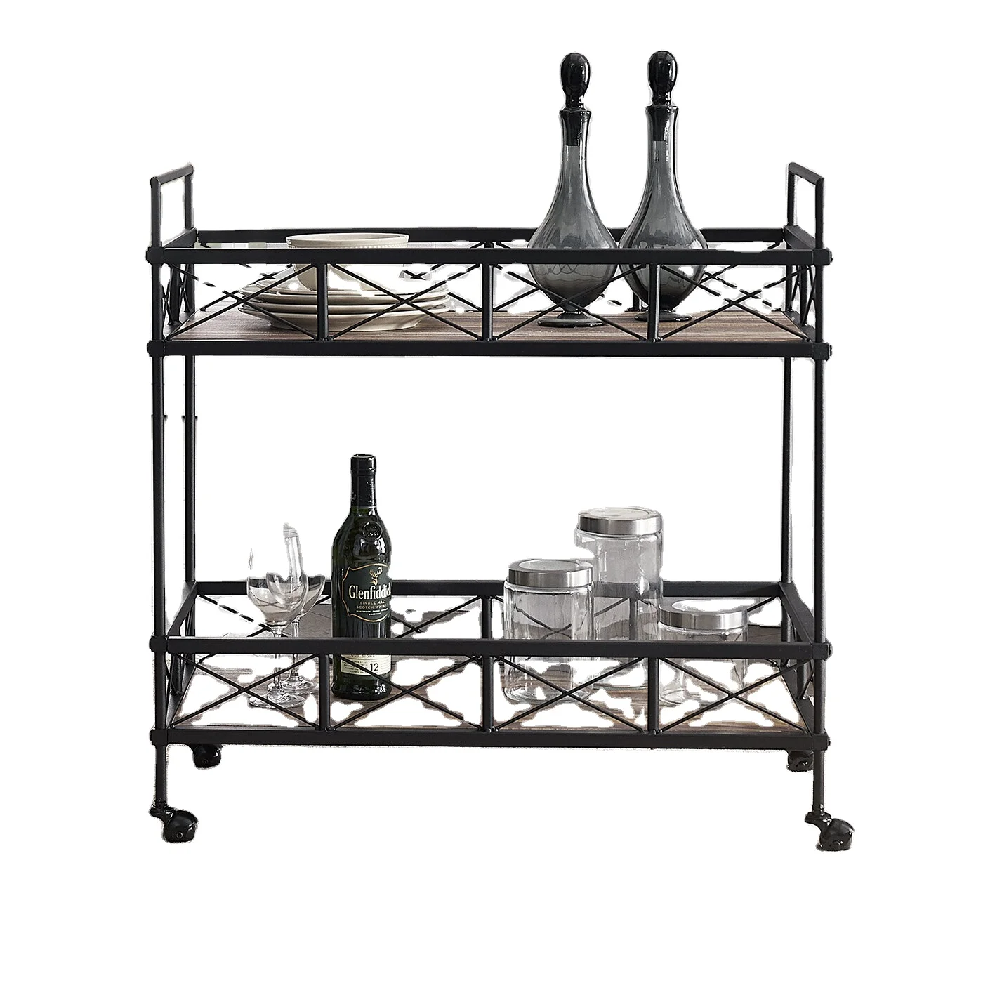 Modern Design Black Metal Bar Cart 3-Tier Wooden Serving Cart Trolley for Home