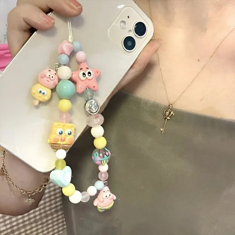 SpongeBob Cell Phone Chain Bag Charm Patrick Cartoon Telephone Hanging Cord Anti-Drop Anime Hanging Rope Beads Pendant Jewelry