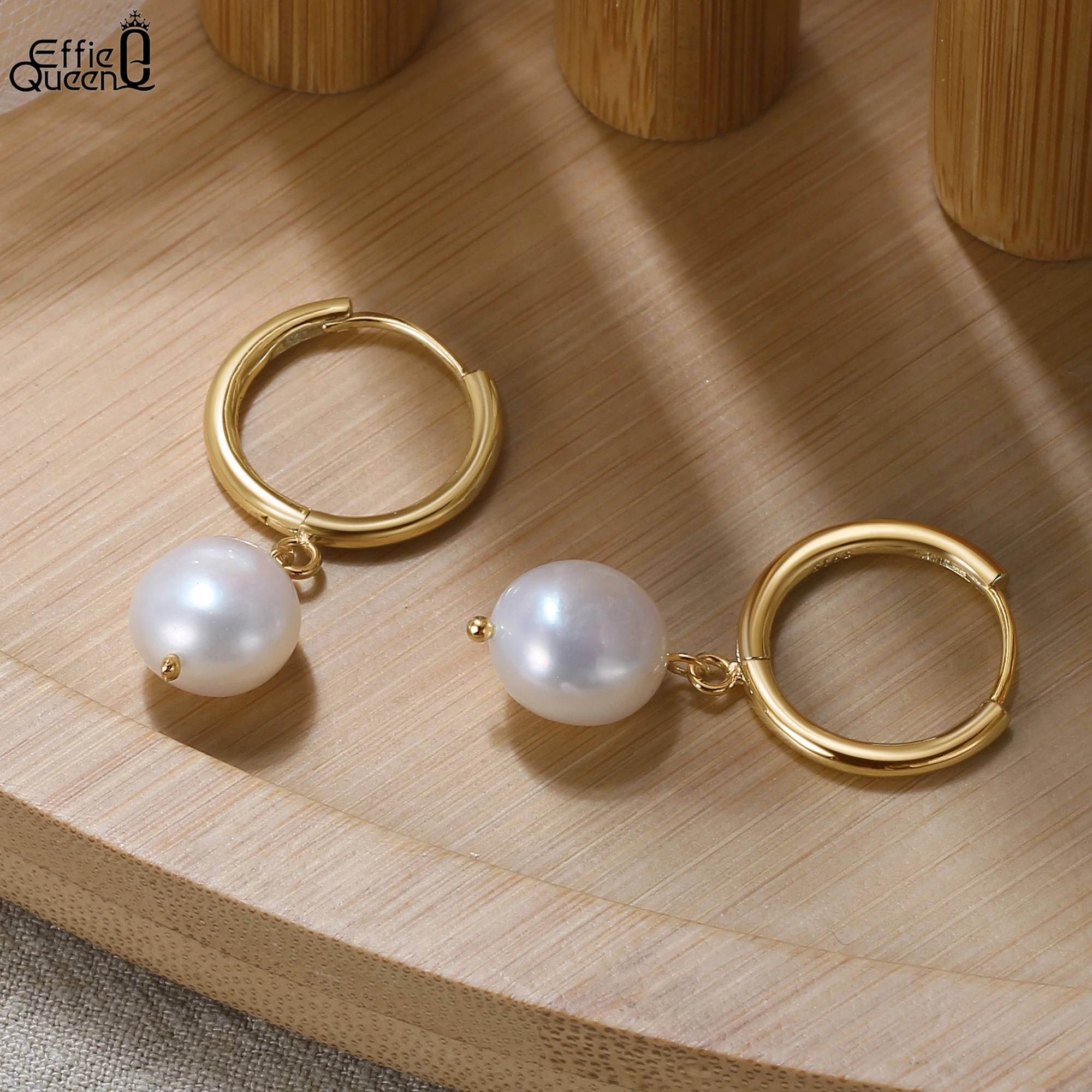 Effie Queen 925 Pure Silver 14k Gold Oval Shaped Freshwater Pearl Drop Earrings Ideal Jewelry for Women Banquet Party Gift GPE50