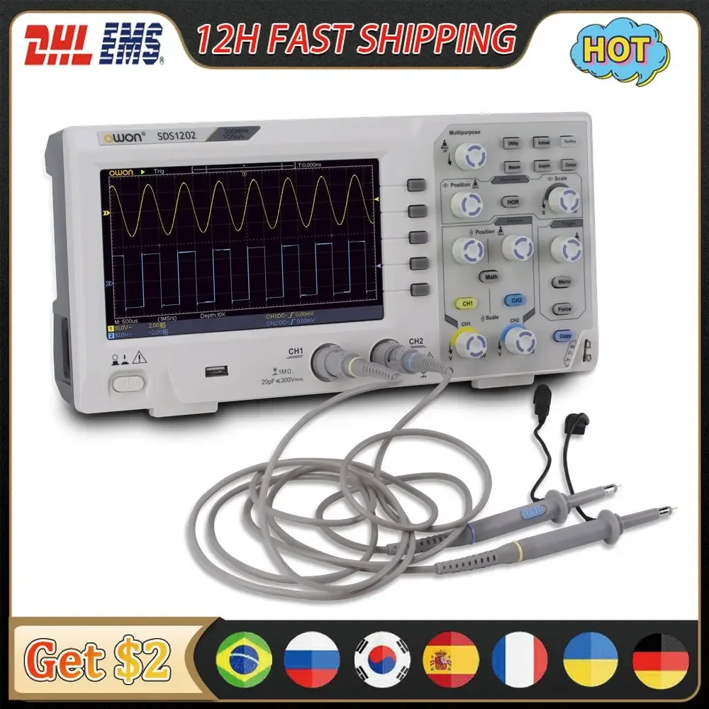 Owon SDS1022 SDS1102 SDS1202 SDS1104 1GS/s 100MHz Osciloscopio Digital Oscilloscope 2CH Oscillometer 7 inch Storage Oscilloscope