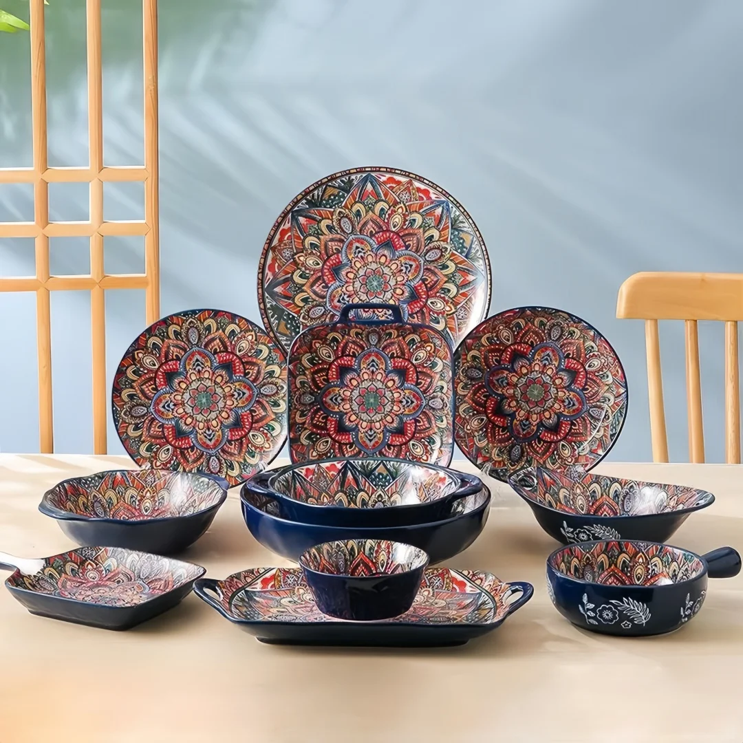 Bohemian Ceramic Dishes and Cutlery 8-Piece Set Household Good-Looking Rice Bowl Double-Ear Soup Basin Exquisite Noodle Bowl